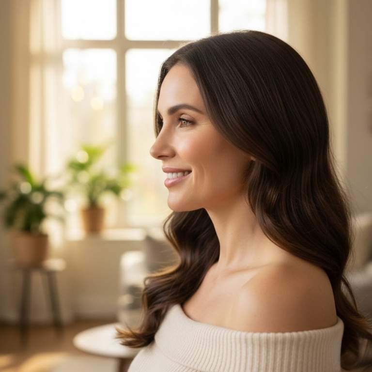 Woman after chin filler procedure.