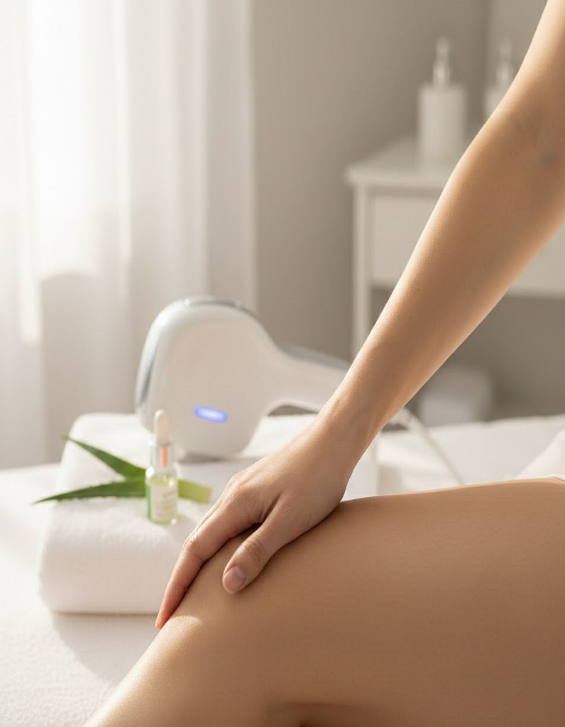 A woman's hand on her leg after a laser hair removal procedure. 