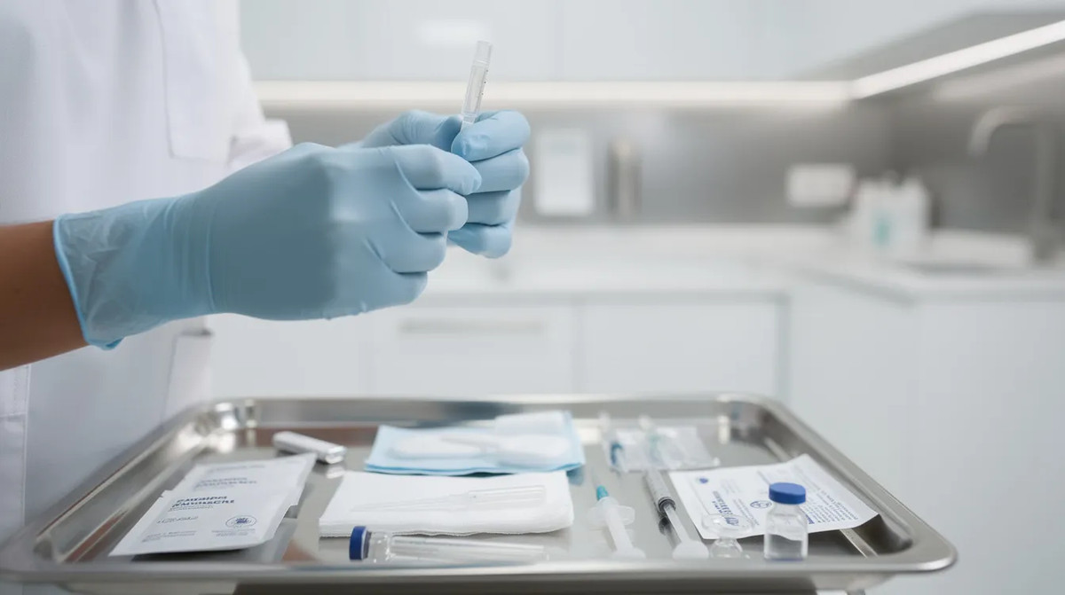 A medical professional's gloved hands holding a cannula near a treatment tray in a clean, modern clinical setting, ready for a non-surgical butt lift procedure.