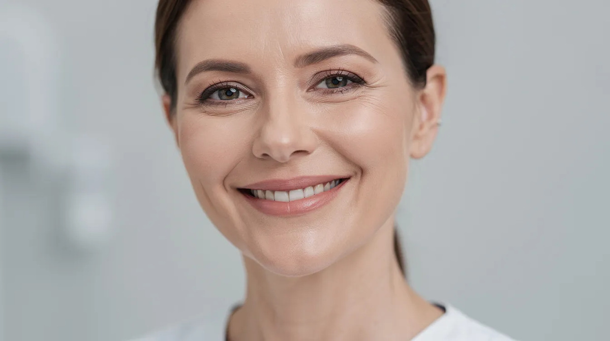 A woman in her 40s smiling naturally under soft clinical lighting, showing her healthy skin and youthful appearance after a face tightening treatment.
