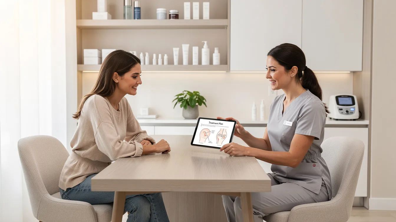 The image shows a clean, modern medspa consultation room where a board-certified plastic surgeon and a client are discussing a personalized treatment plan, potentially involving procedures like a Brazilian butt lift (BBL) or fat transfer techniques. The atmosphere is professional and inviting, emphasizing a focus on healthy lifestyle choices and realistic expectations for cosmetic surgery results.