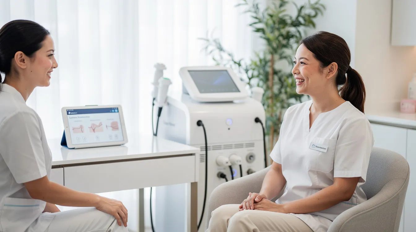 A patient is smiling during a consultation with a medical provider in a modern medspa office, discussing options for chin treatments to eliminate stubborn chin fat and achieve a more defined jawline. The atmosphere is welcoming, emphasizing a healthy lifestyle and the potential for noticeable results through various treatment options.