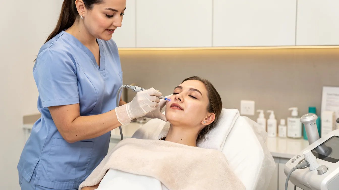 A clinician is performing a non-surgical treatment on a patient's chin area in a medspa, focusing on reducing stubborn chin fat and tightening loose skin to help achieve a more defined jawline. The procedure aims to eliminate excess fat and improve skin elasticity with minimal downtime.