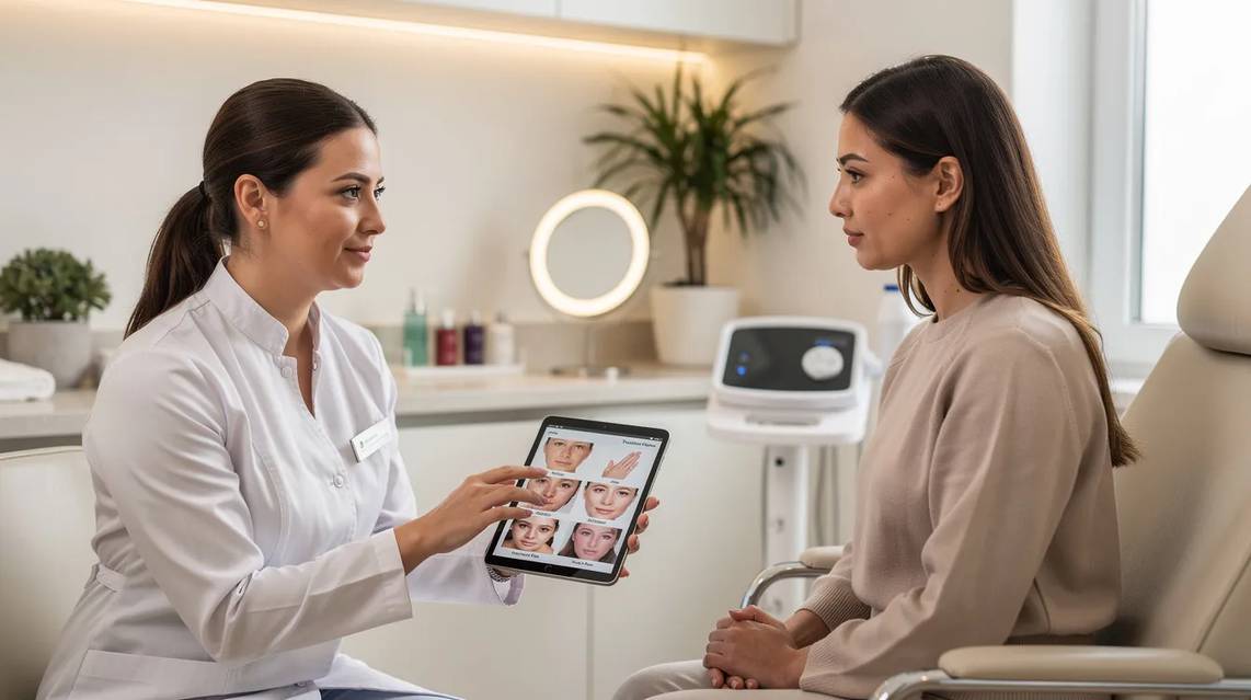 A patient is engaged in a skin consultation with a medical provider in a modern medspa, reviewing photos on a tablet. They are discussing various skin concerns, including acne scars and sun damage, and exploring options such as intense pulsed light (IPL) treatment for skin rejuvenation.