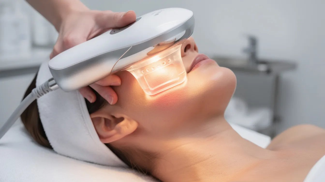 A close-up image shows a broad-spectrum light handpiece being applied to a patient's cheek during an intense pulsed light (IPL) treatment session for skin rejuvenation. The procedure aims to improve skin texture and address various skin concerns, such as sun damage and acne scars, using light energy to stimulate collagen production.