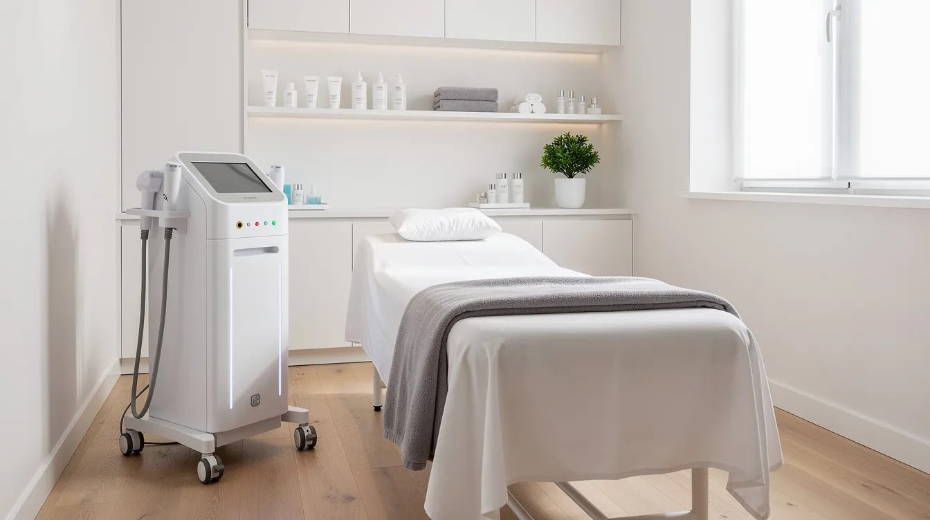 The image depicts a clean and modern medical spa treatment room featuring a sleek laser device on a rolling cart beside a comfortable treatment bed, ideal for laser hair removal treatments. This setting is designed for effective and safe hair removal, ensuring a pleasant experience for clients seeking to remove unwanted hair.