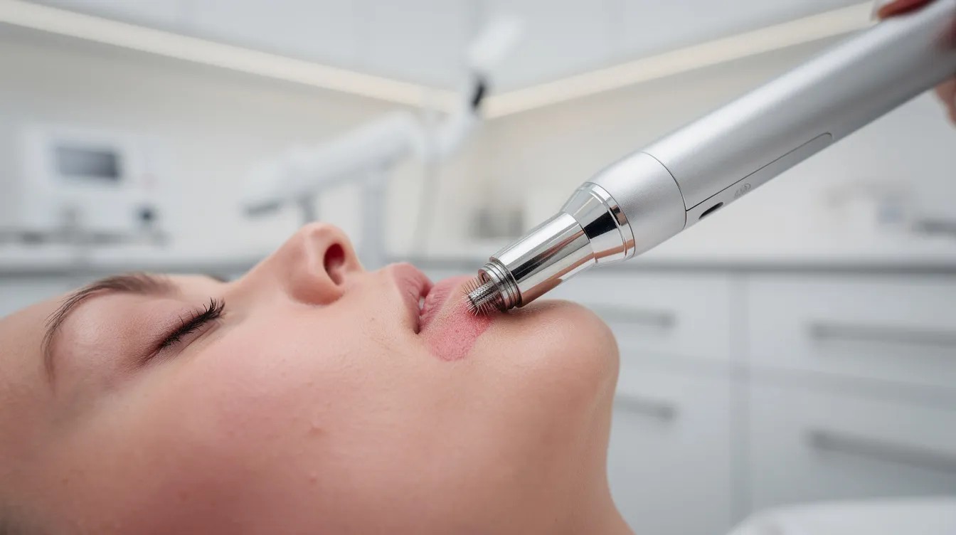 A close-up view of a microneedling device gliding across a patient's cheek in a clean, well-lit clinical treatment room, showcasing the process of skin rejuvenation aimed at improving skin texture and promoting the skin's natural healing process. The device is designed to enhance collagen production and accelerate healing, contributing to a more youthful complexion.