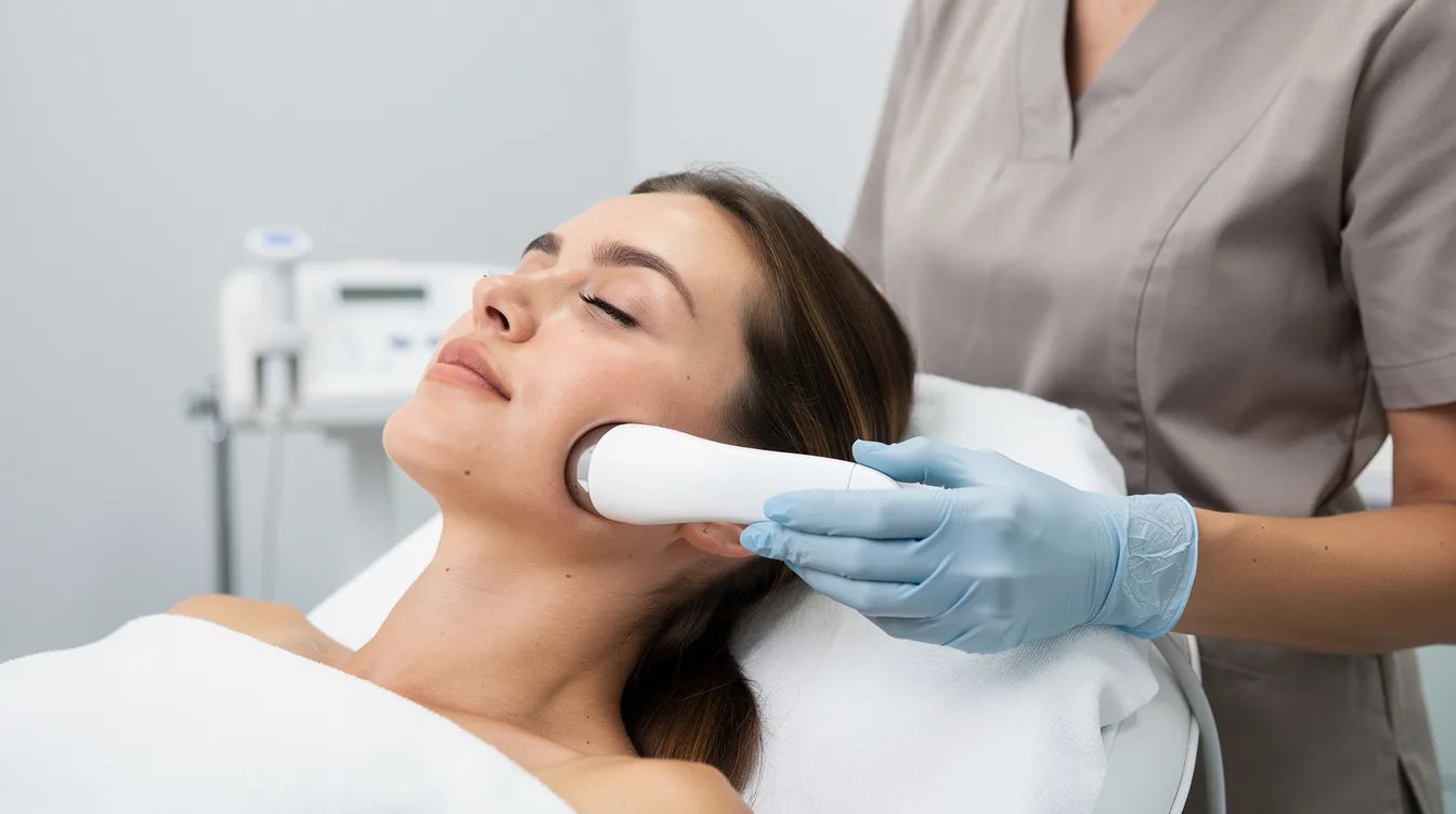 A person is reclining comfortably while a clinician applies a smooth handheld device to their jawline, performing a non-invasive skin tightening treatment aimed at firming sagging skin and stimulating collagen production for a more youthful appearance. The procedure is designed to treat deeper layers of skin, promoting skin elasticity and reducing skin laxity without the need for cosmetic surgery.