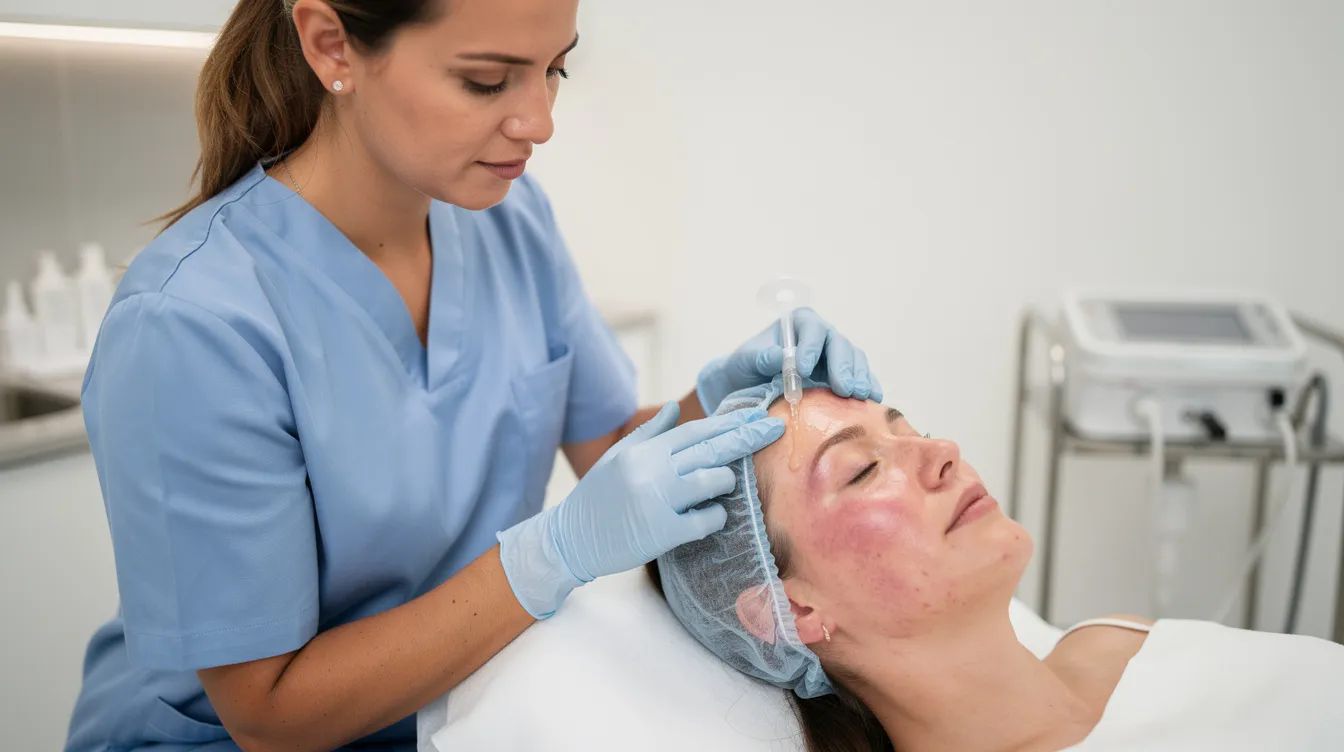 A healthcare provider in scrubs is applying a clear serum to a patient’s freshly treated facial skin in a modern clinical setting, promoting skin rejuvenation and enhancing the skin's natural healing process. This treatment aims to improve skin texture and tone while supporting collagen production for a youthful complexion.