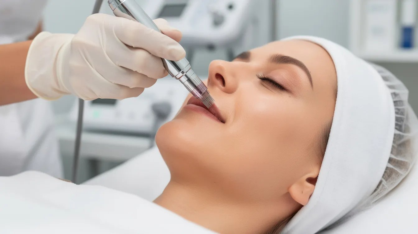 A close-up image shows a RF microneedling handpiece being applied to the cheek area of a patient lying on a treatment bed, illustrating a non-surgical skin tightening procedure aimed at stimulating collagen production for firmer skin. The handpiece delivers heat energy to treat deeper layers of the skin, addressing issues like sagging and skin laxity.