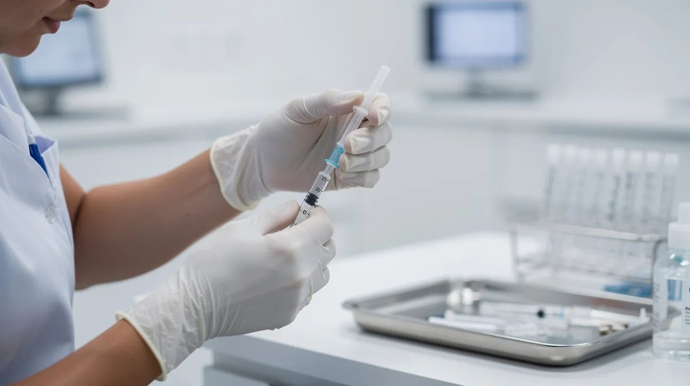 A healthcare professional is seen in a clean, modern clinical room, preparing a small injection for semaglutide treatment, which supports weight loss and helps manage body weight. The setting emphasizes a focus on health and well-being, highlighting the importance of medical guidance in a weight loss journey.