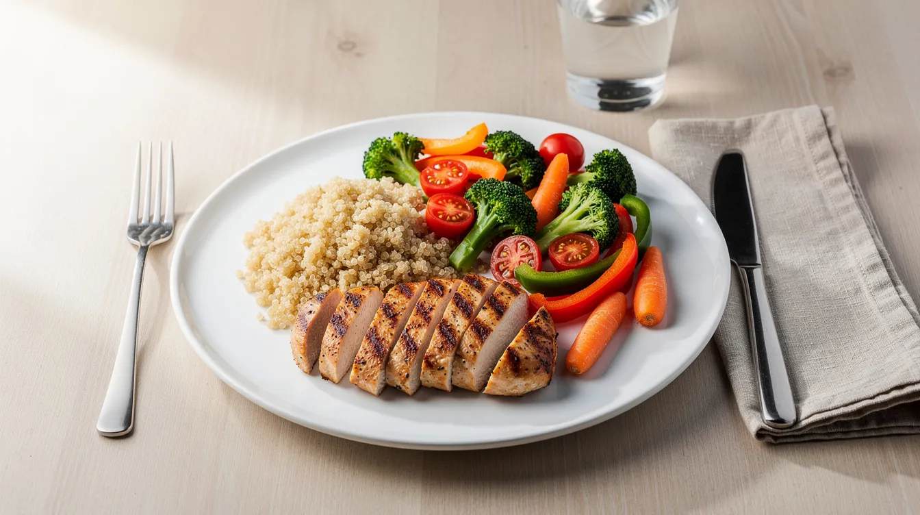 The image showcases a vibrant high-protein meal plate featuring grilled chicken, a variety of colorful vegetables, and quinoa, all elegantly arranged on a modern table setting. This nutritious meal aligns with weight management goals, supporting those looking to lose weight as part of their treatment plan.