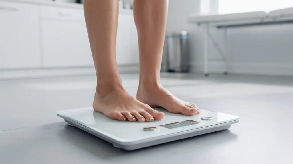 The image shows a person's feet stepping onto a scale in a clean medical office, emphasizing the focus on weight management and the process of tracking body weight. This setting may be associated with discussions on weight loss medications and treatment plans for eligible patients.