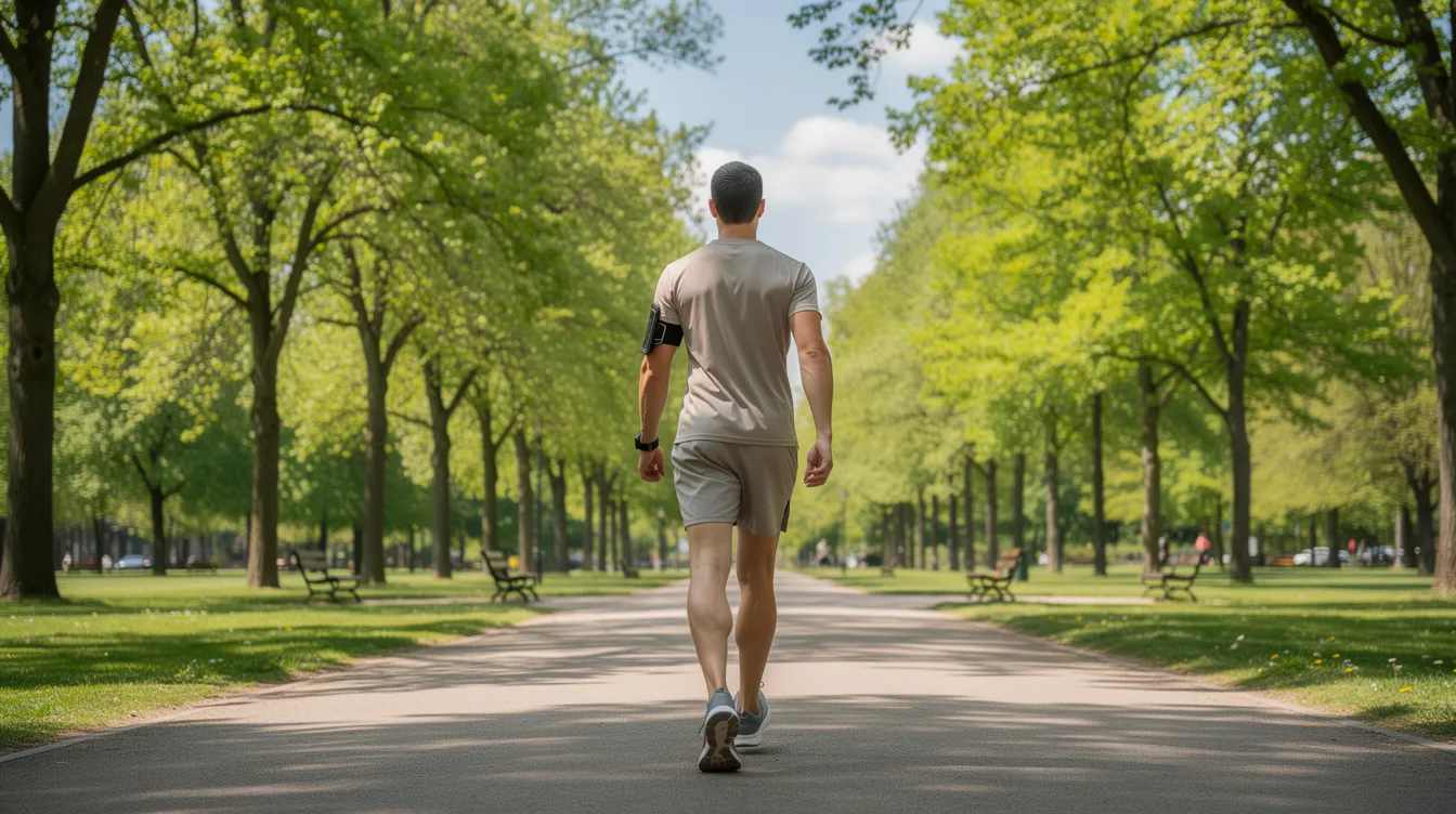 A person in athletic clothing walks along a sunny, tree-lined park path, embodying a commitment to a healthy lifestyle and weight loss journey. This scene highlights the importance of regular exercise and balanced diet in achieving significant weight loss and overall well-being.
