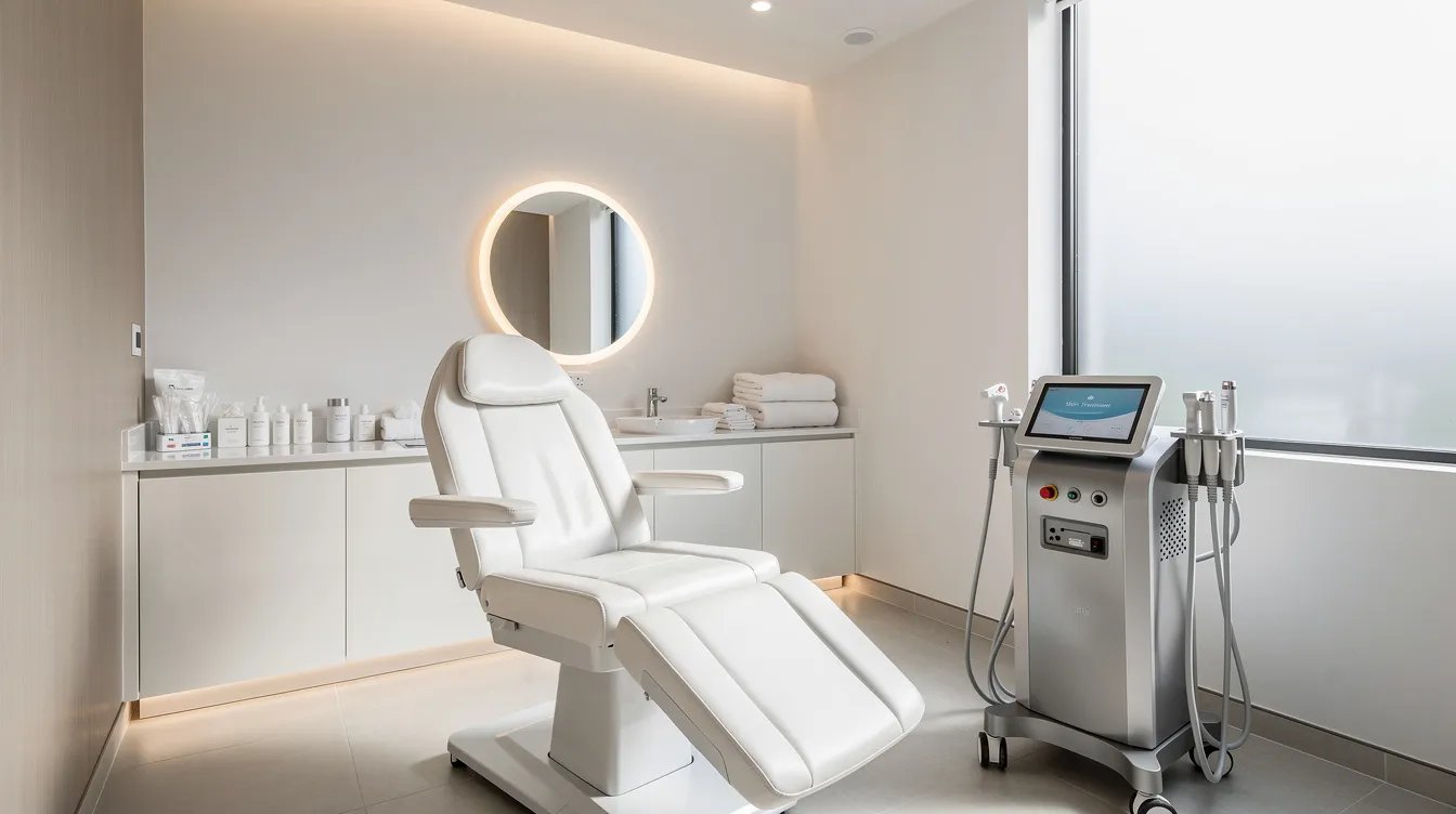 The image depicts a bright, modern medspa treatment room featuring a comfortable reclining chair and advanced aesthetic equipment designed for skin tightening procedures. This inviting space is equipped to address issues like sagging skin and skin laxity, offering various non-invasive skin tightening options to stimulate collagen production and achieve a youthful appearance.