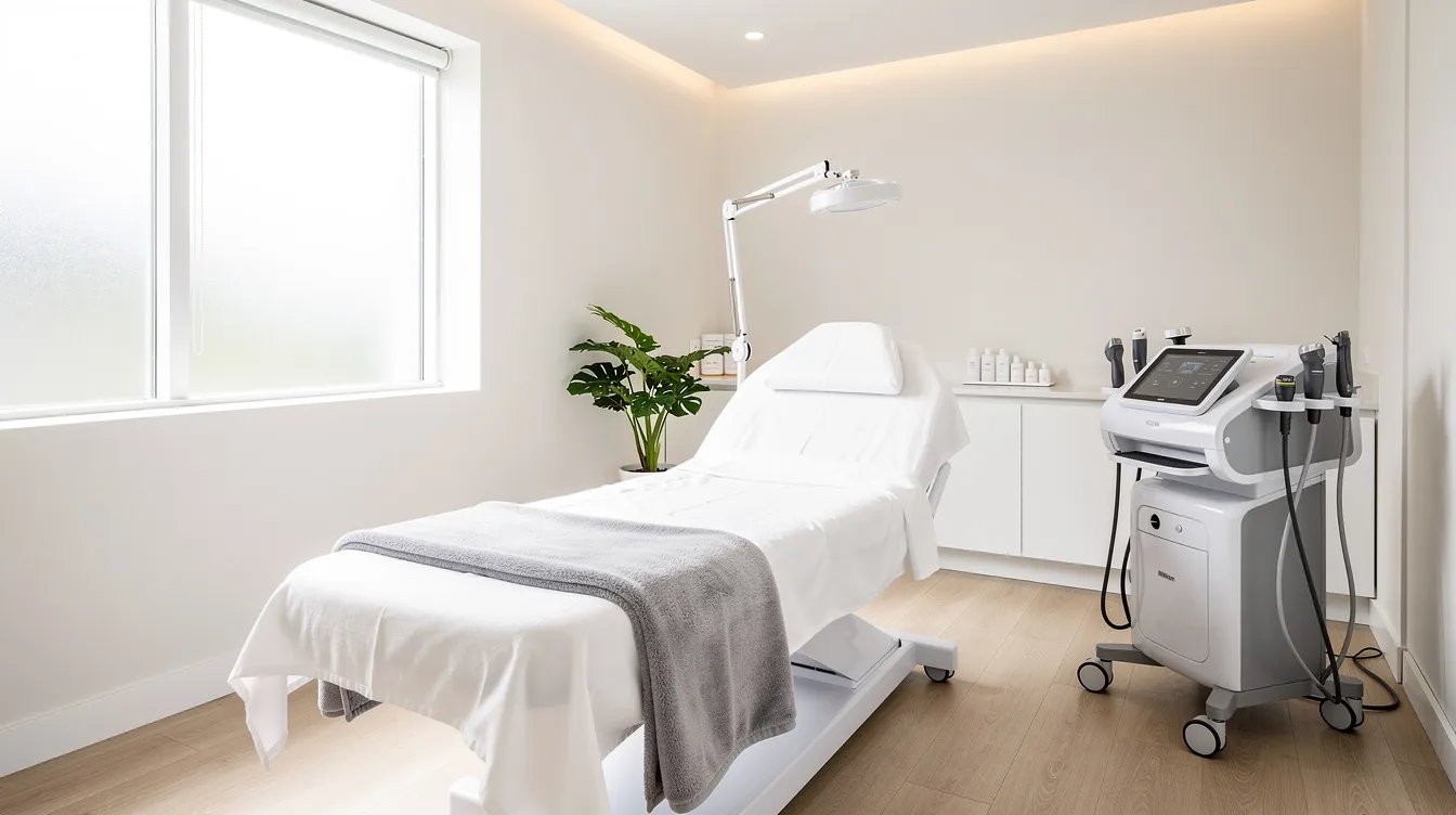 The image depicts a sleek and modern medspa treatment room featuring a plush treatment bed and advanced aesthetic equipment designed for non-surgical skin tightening procedures. The bright, inviting space is equipped for various cosmetic treatments aimed at improving skin texture and firmness while addressing issues like sagging skin and moderate skin laxity.