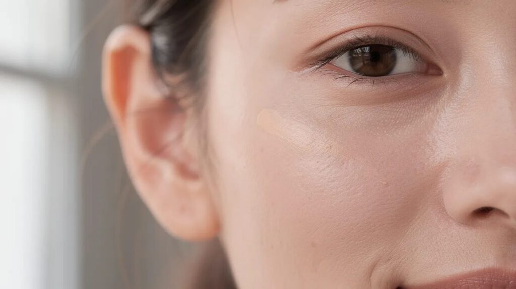 The image shows a close-up of a woman's face, focusing on the under-eye and cheek area, illuminated by natural light. The skin appears smooth and rejuvenated, highlighting the effects of tear trough filler injections that have addressed dark circles and deep tear troughs, giving her a refreshed look