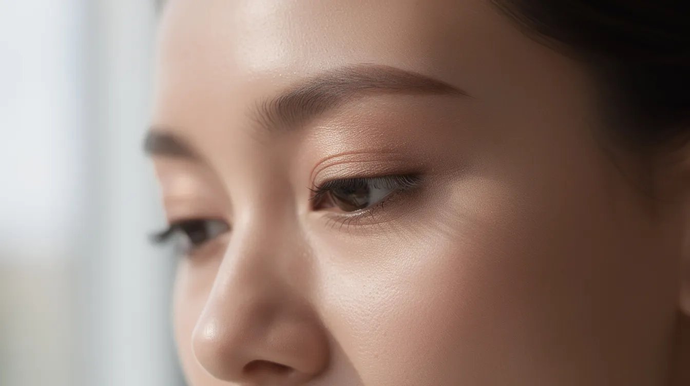 The image features a close-up of a woman's smooth forehead and relaxed brow area, showcasing the absence of frown lines and expression lines in natural lighting.