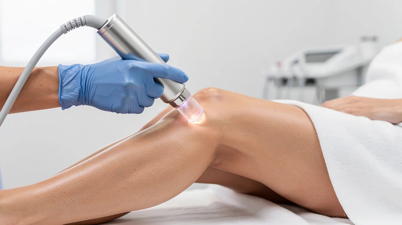 A provider wearing gloves is using a laser handpiece with a cooling tip on a patient's leg in a bright treatment room, demonstrating advanced laser technology for effective laser hair removal.