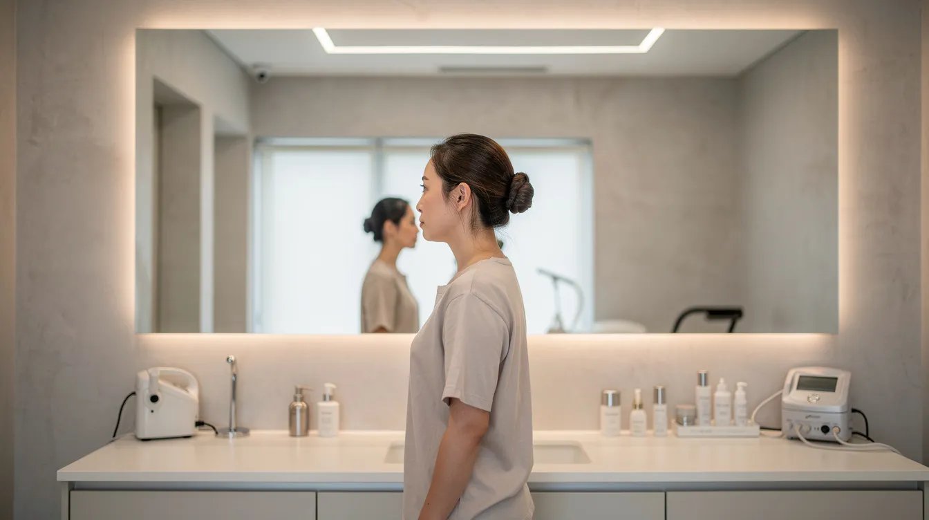 A person is gazing at their reflection in a well-lit mirror within a modern aesthetic clinic, contemplating potential cosmetic procedures such as surgical or non-surgical rhinoplasty for nose reshaping. The setting reflects a professional atmosphere, emphasizing the importance of experienced plastic surgeons and realistic expectations for achieving desired results.