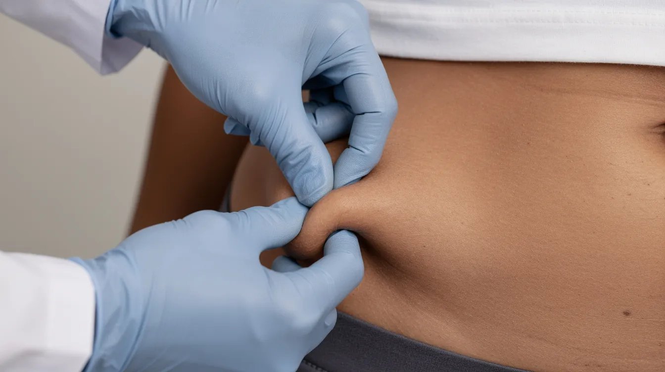 A healthcare professional is gently pinching the skin on a patient's abdomen to demonstrate the proper technique for a subcutaneous injection, specifically for administering semaglutide. The image highlights the importance of selecting an approved injection site, such as the abdomen, while ensuring the technique is safe and effective for weight management.